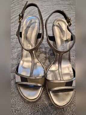 Burberry Signature  Metallic Gold Wedge Sandals with Signature Check - Size 8